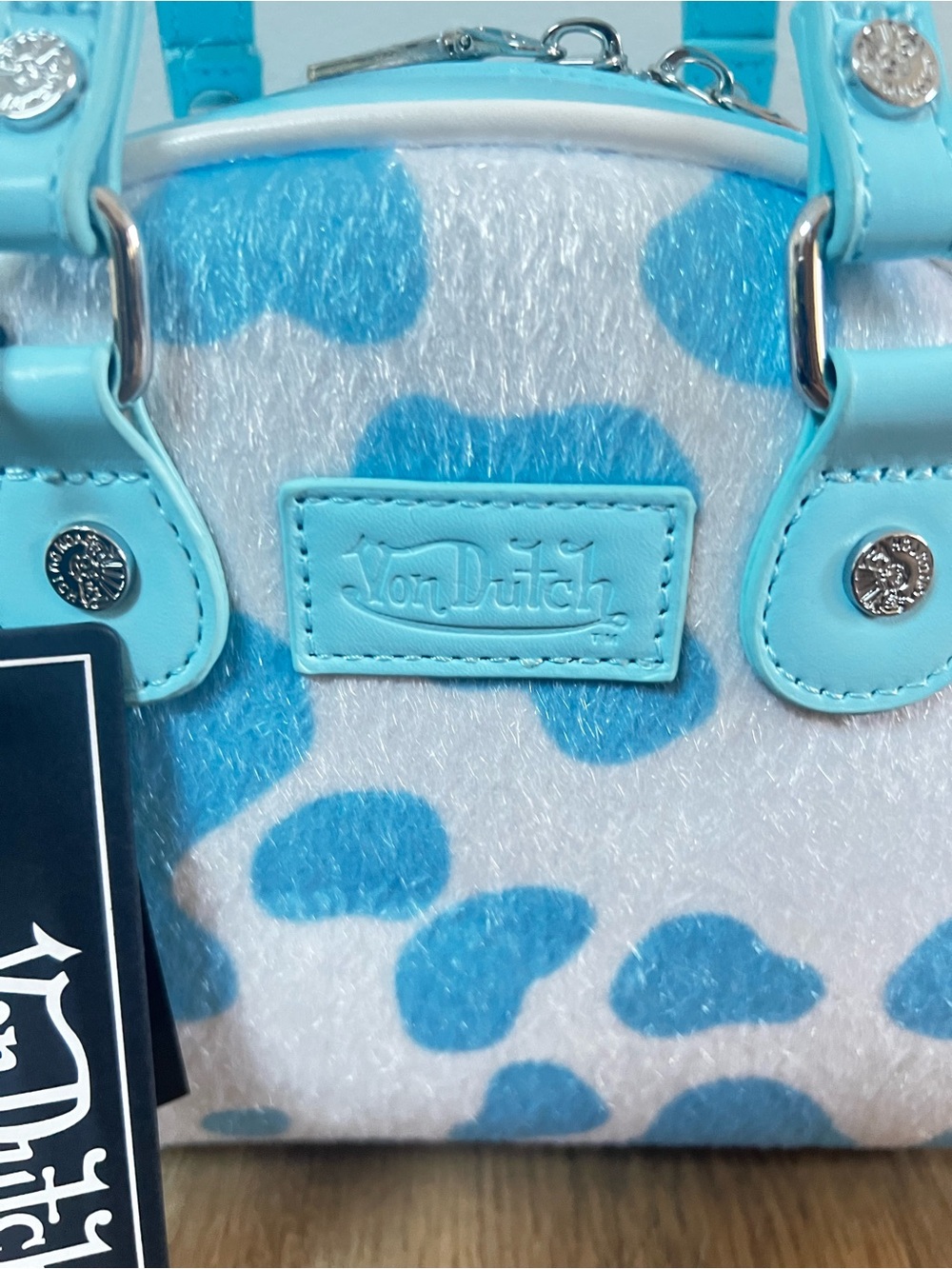 Von Dutch Mini Tote in Light Blue, White and Yellow Logo - Picture 3 of 6